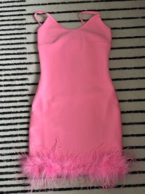 Fashion Nova Pink Feather-Trim Midi Dress